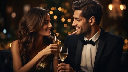 Well-dressed smiling young adult couple in a luxury restaurant, celebrating the new year, toasting with a glass of champagne in hand. Generative AI - obrazy, fototapety, plakaty