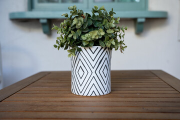 small decorative plant in a modern stylish flower pot on a wooden table.