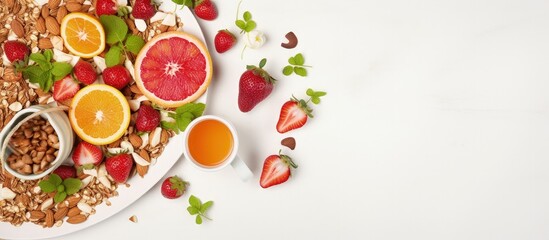 Healthy breakfast concept with muesli fruit salad orange juice nuts on a white background with copyspace for text