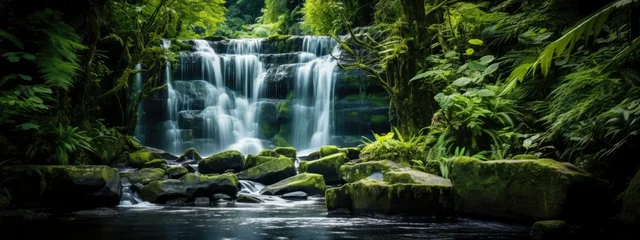 Schilderijen op glas Cascading waterfall amidst lush greenery background. © Kanisorn