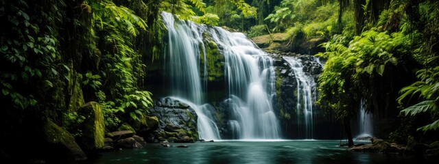 Fototapeta na wymiar Cascading waterfall amidst lush greenery background.