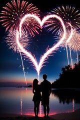 Fototapeta na wymiar Silhouette of a couple watching fireworks on a beach