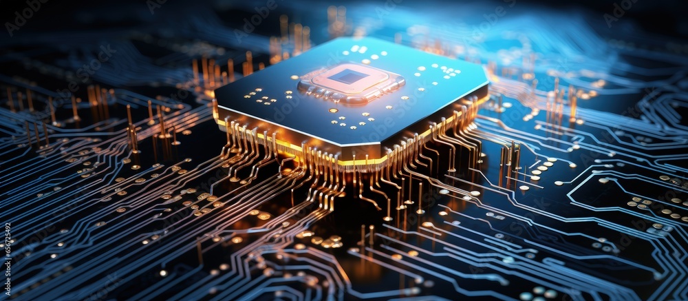 Poster ai deep learning neural networks and other computer technologies represented as a pcb design with co