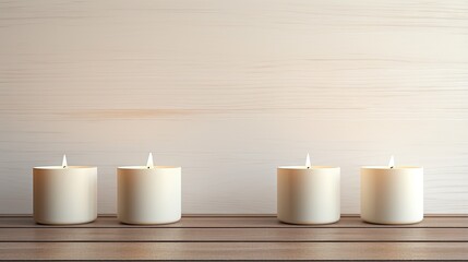  a row of white candles sitting on top of a wooden table.  generative ai