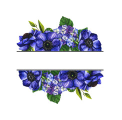 Vector illustration of flower composition, frame, pattern, bouquet for greeting card, background or flyer. Flowers violet anemone and hydrangea. March 8. International Women's Day. Mothers Day