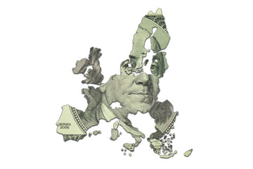 map of european union on a american dollar money texture on the white background. finance concept.