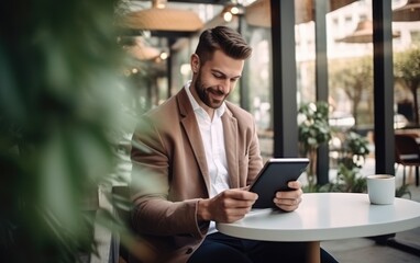Man reading a digital book on a tablet in a café. Generative AI - obrazy, fototapety, plakaty