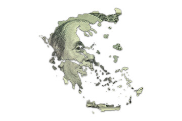 Obraz premium map of greece on a american dollar money texture on the white background. finance concept.