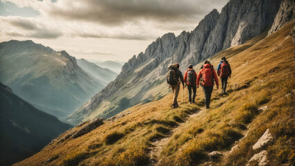 group of hiker friends climbing up a mountainside
