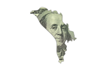 map of moldova on a american dollar money texture on the white background. finance concept.