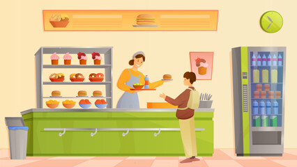 Naklejka na ściany i meble School canteen at lunch vector illustration. Cartoon woman behind counter holding tray with burger, salad and drink to give standing boy, foodcourt staff character serving food for hungry student