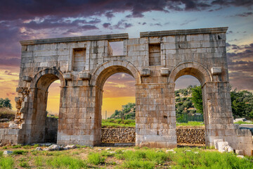 Patara (Pttra). Ruins of the ancient Lycian city Patara, Ancient city entrance door. Patara was at the Lycia (Lycian) League's capital. Antalya, TURKEY