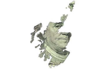map of scotland on a american dollar money texture on the white background. finance concept.