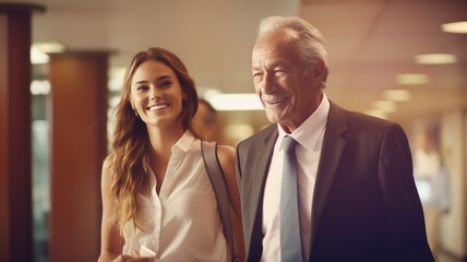 Smiling old businessman with women partners having meeting in outside