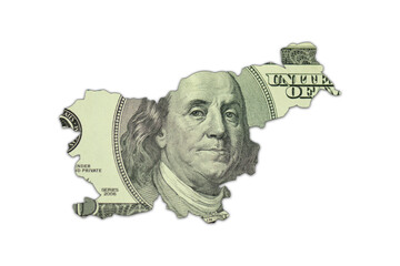 map of slovenia on a american dollar money texture on the white background. finance concept.