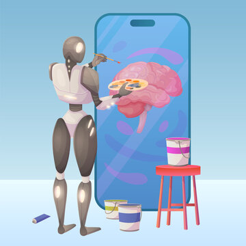 Artwork creation with mobile phone app vector illustration. Cartoon robot artist character painting creative digital picture of human brain with brush and paints on smartphone screen, AI generated art