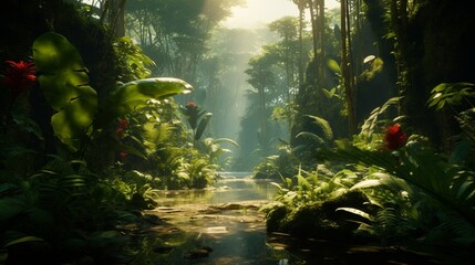 A breathtaking view of a lush rainforest with vibrant green foliage and exotic flora