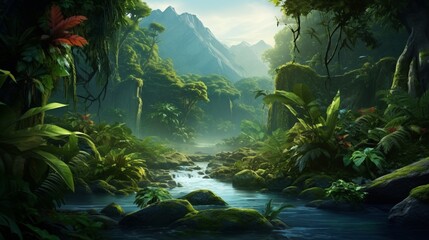 A breathtaking view of a lush rainforest with vibrant green foliage and exotic flora