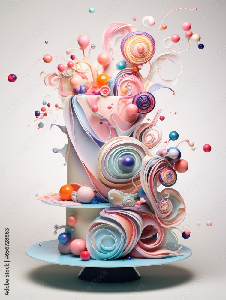 Poster a colorful 3d cake with lots of candy on top of it. generative ai.