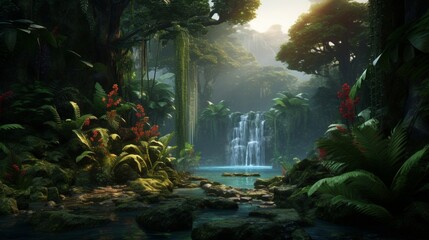 A dense, vibrant rainforest with a rich diversity of plant and animal life