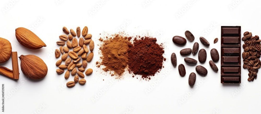 Poster chocolate ingredients cocoa pods cocoa beans chocolate products white background with copyspace for 