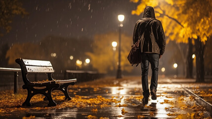 A lonely man walks in the evening along an autumn street illuminated by lanterns.
