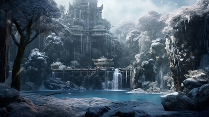 landscape featuring a beautiful waterfall in a wonderous island setting during a snowy day in a deep snow forest and a deep rain forest nearby, with a historical temple hidden within