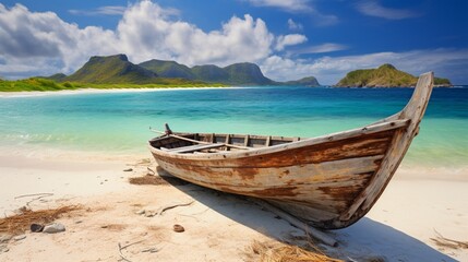 Fototapeta na wymiar weathered, wooden boat resting on the sandy expanse of an undiscovered island beach