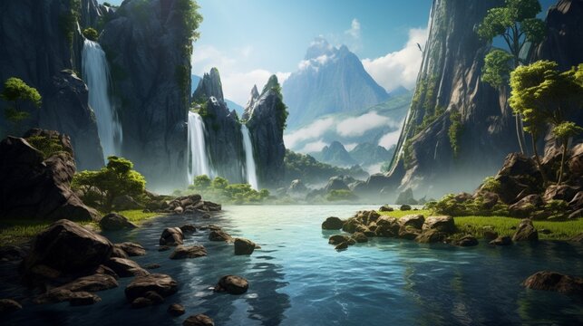 sweeping mountainscape with a breathtaking waterfall plunging into a clear pool