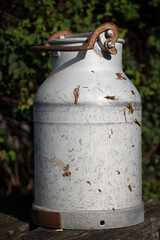 Obraz premium Close-up of an old metal milk can. The jug is outdoors in Bavaria and is partially soiled with manure. In the background a green hedge. The lid is closed.