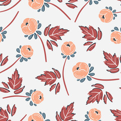 Pink Peonies. Vector Floral Seamless Pattern. Peony Flowers and Leaves Vintage Background. Beautiful Flower and Leaf. Ditsy Floral Print