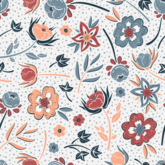 Autumn Wildflowers. Vector Floral Seamless Pattern. Beautiful Flower and Leaf. Flowers and Leaves Vintage Background. Ditsy Floral Print