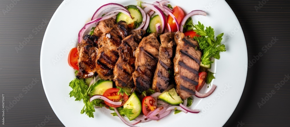 Sticker Grilled pork with salad on a white plate top view with copyspace for text