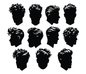 The face of a guy with curly hair.
Black silhouette of a man on a transparent background. Vector set for stencil.
