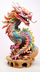 Fototapeta premium A colorful dragon statue sitting on top of a wooden platform. Generative AI.