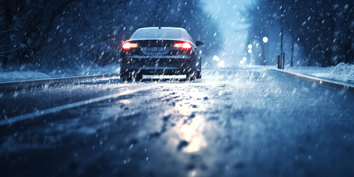 Dangerous driving conditions due to heavy snowing. Close-up of a snow covered road and a car passing by in blurry background