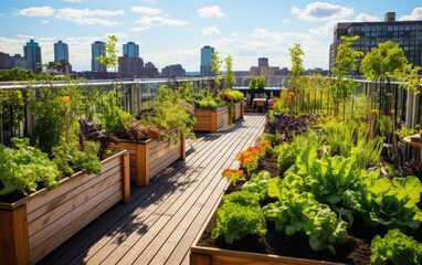 Fototapeta premium Vibrant rooftop vegetable and herb garden, with rows of thriving plants and a sustainable gardening setup. Generative AI