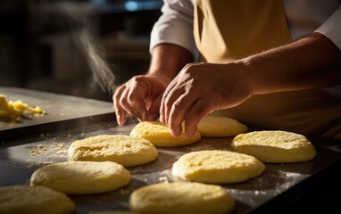 A chef expertly shaping arepa dough into perfectly round patties, preparing arepas