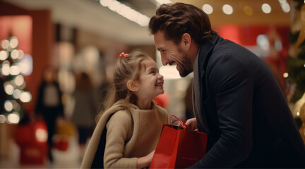 father and little daughter enchanted meet her mother in the mall decorated for christmas with bags of gifts, cinematic shot. - obrazy, fototapety, plakaty