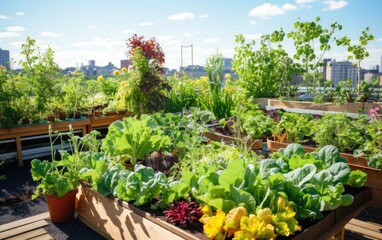 Fototapeta na wymiar Vibrant rooftop vegetable and herb garden, with rows of thriving plants and a sustainable gardening setup. Generative AI