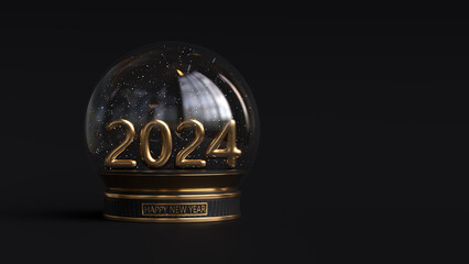 Happy new year 2024. Glassglobe isolated on black background. 3d render illustration - 656732603