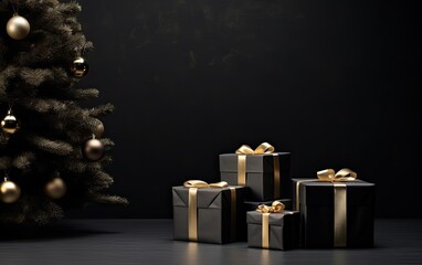 Beautifully wrapped Christmas gift boxes on a dark festive background