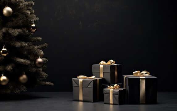 Beautifully wrapped Christmas gift boxes on a dark festive background