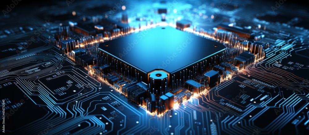 Poster ai processor chip circuit board blue tech background template for web banner poster with copyspace f