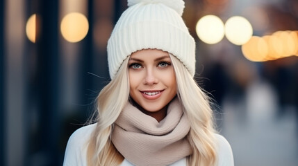 Young smiling happy pretty blond woman wearing white knitted sweater, scarf and hat, warm winter...