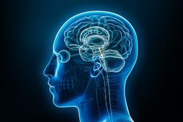 Xray profile view of Sylvius or central aqueduct of the brain 3D rendering illustration. Human body anatomy, medical, biology, science, neuroscience, neurology concepts.