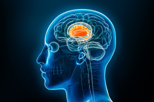 Dorsal striatum with putamen and caudate nucleus or basal ganglia 3D rendering illustration. Human brain and body anatomy, medical, biology, science, neuroscience, neurology concepts.