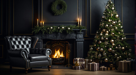 christmas living room interior with decorated fireplace , armchair and christmas tree