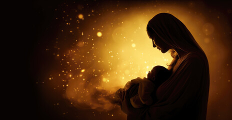 Silhouette of Mary with Baby Jesus, Blurred Background with Copy Space - obrazy, fototapety, plakaty