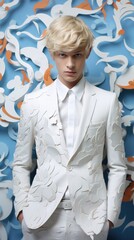 A man in a white suit standing in front of a wall. Generative AI.